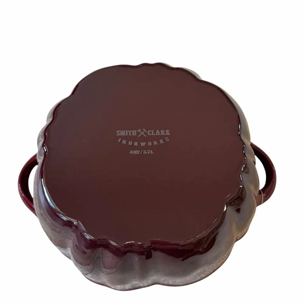 Smith & Clark Ironworks Pumpkin Dutch Oven 4qt Cast Iron Dark Red Enamel NEW